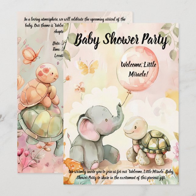 Invitation Baby shower bébé éléphant et tortue (Devant / Derrière)