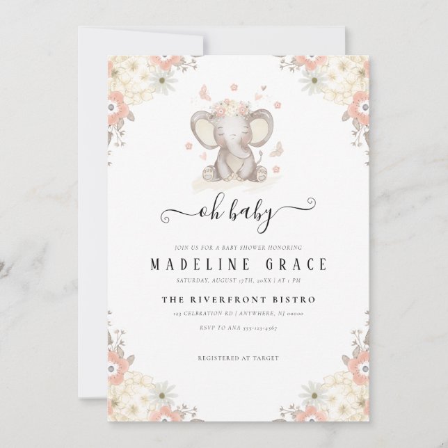 Invitation Baby shower bébé éléphant fille (Devant)