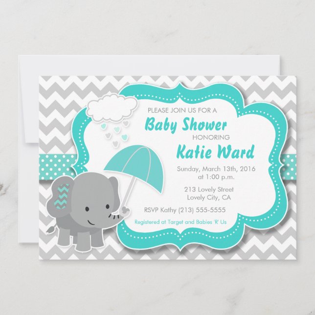 Invitation Baby shower bébé éléphant garçon Turquoise Blue In (Devant)