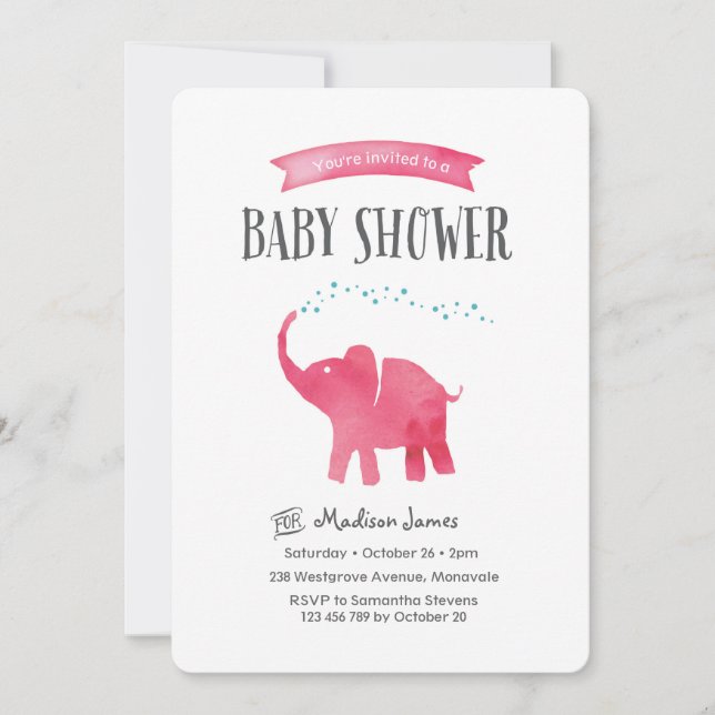 Invitation Baby shower bébé éléphant | rose (Devant)