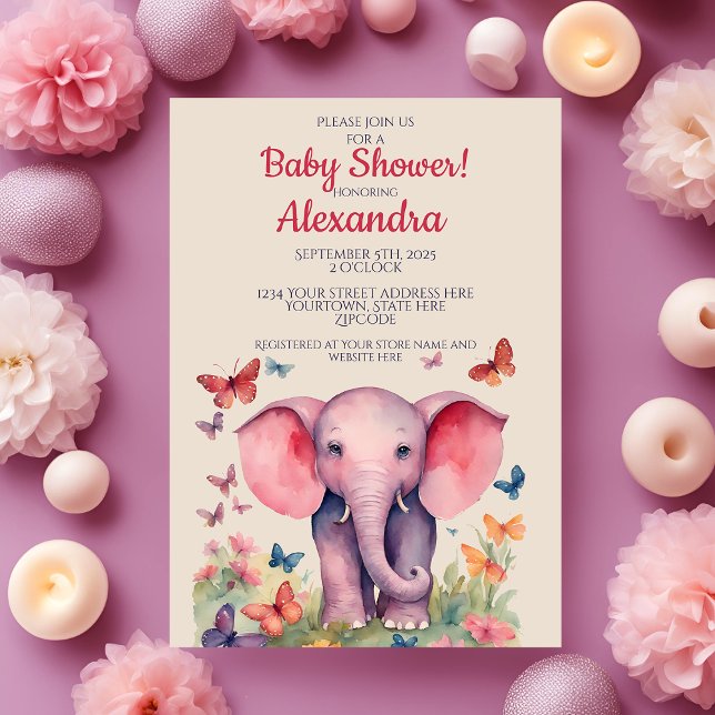Invitation Baby shower bébé éléphant rose filles (Créateur téléchargé)