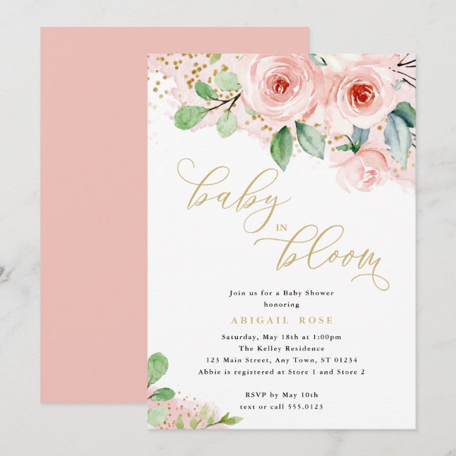 Invitation Baby shower bébé en fleur, or rose Floral (Devant / Derrière)