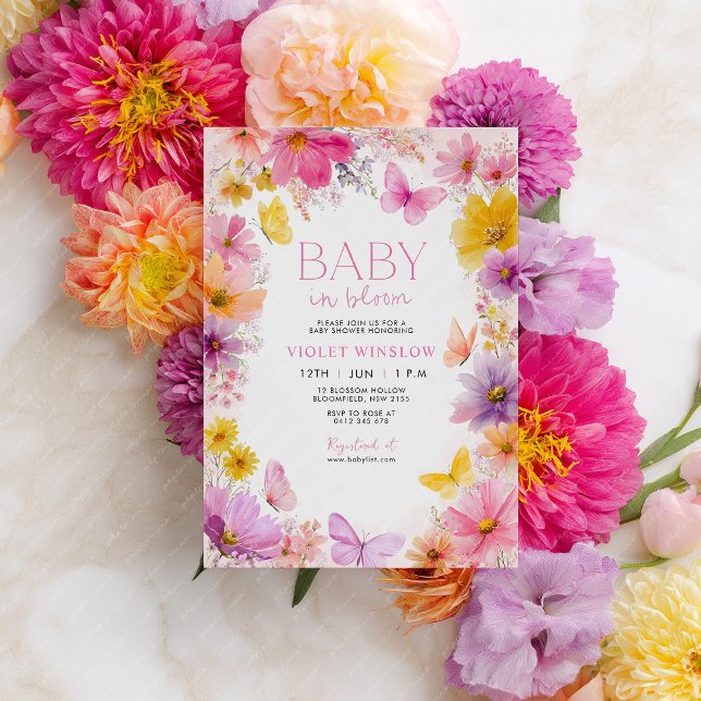 Invitation Baby shower bébé en fleur papillon rose pourpre (Bright Floral Baby In Bloom Baby Shower Invitation in purple, pink, yellow and peach. )