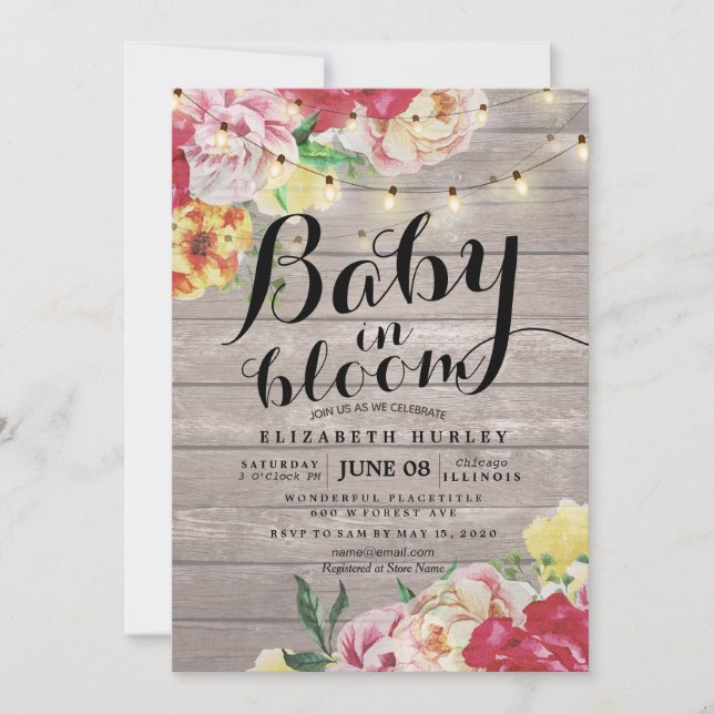 Invitation Baby shower bébé en fleurs Chaîne de fleurs Bois c (Devant)