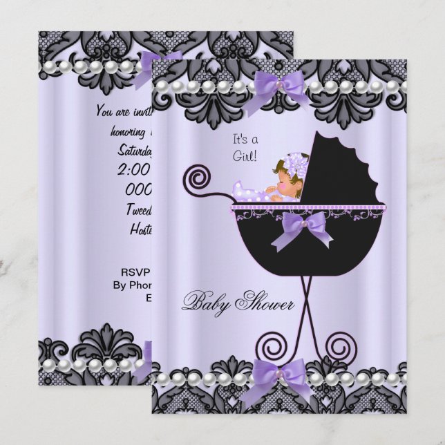 Invitation Baby shower Bébé Fille Lavande Violet noir dentell (Devant / Derrière)