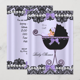 Invitation Baby shower Bébé Fille Lavande Violet noir dentell