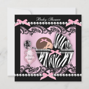 Invitation Baby Shower Bébé Fille Mignon Rayure Rose Dentelle
