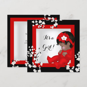Invitation Baby Shower Bébé Fille Mignonne Fleur Rouge Noir A