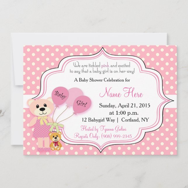 Invitation Baby shower bébé fille ours (Devant)