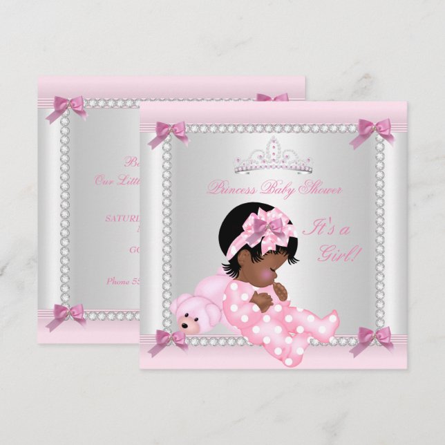 Invitation Baby Shower Bébé Fille Ours Rose Afro-Américain (Devant / Derrière)