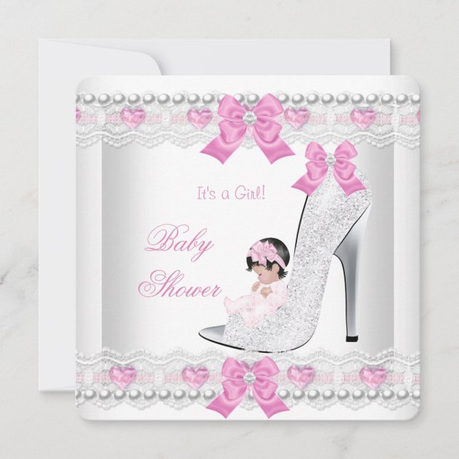 Invitation Baby shower bébé fille rose blanc dentelle Coeur C (Devant)