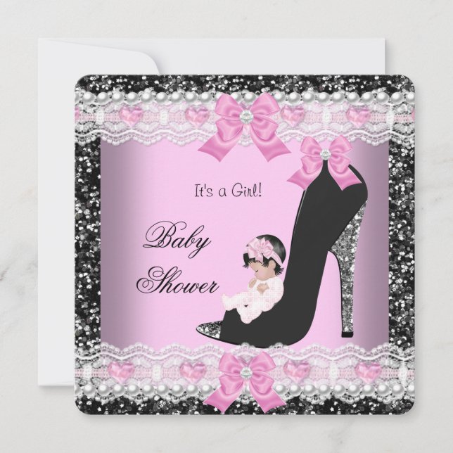 Invitation Baby shower bébé fille rose dentelle Coeur Chaussu (Devant)