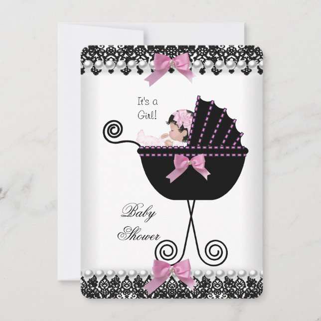 Invitation Baby shower bébé fille rose noir blanc dentelle (Devant)