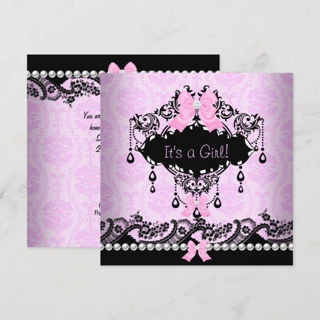 Invitation Baby shower bébé fille rose noir Damask Bow (Devant / Derrière)
