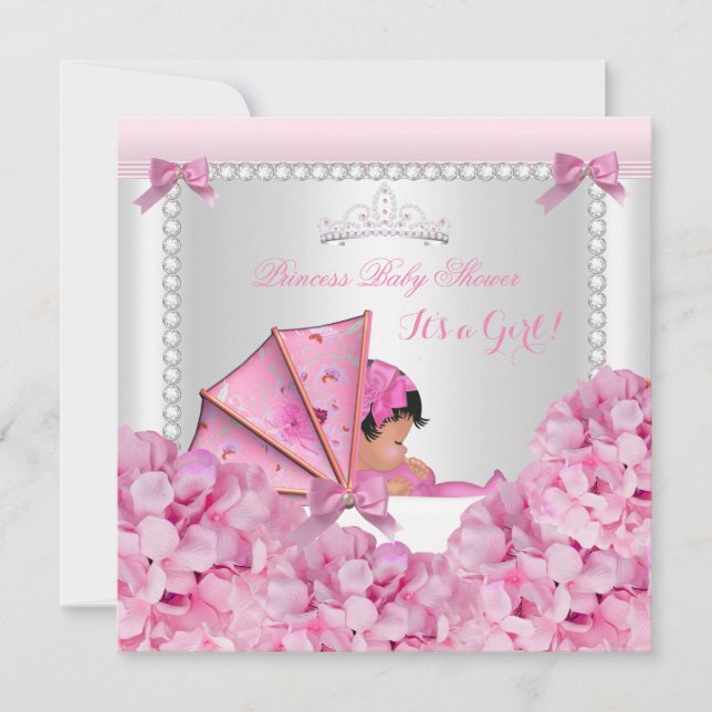 Invitation Baby shower bébé fille rose Pram Africain Américai (Devant)