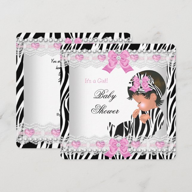 Invitation Baby shower bébé fille rose Zèbre Coeur (Devant / Derrière)