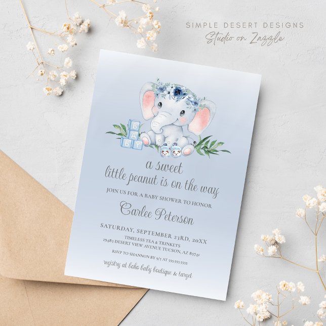 Invitation Baby shower bébé floral Eléphant mignon (Blue Floral Elephant Baby Boy Baby Shower Invitation)