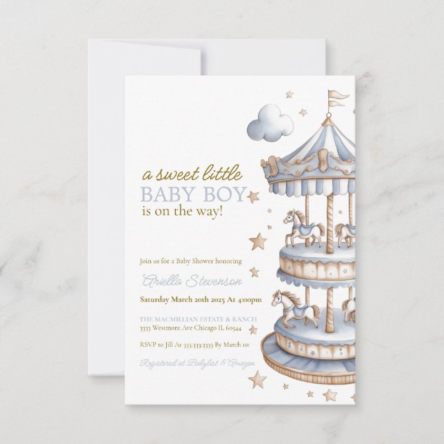 Invitation Baby shower bébé garçon, baby shower cheval carrou (Devant)