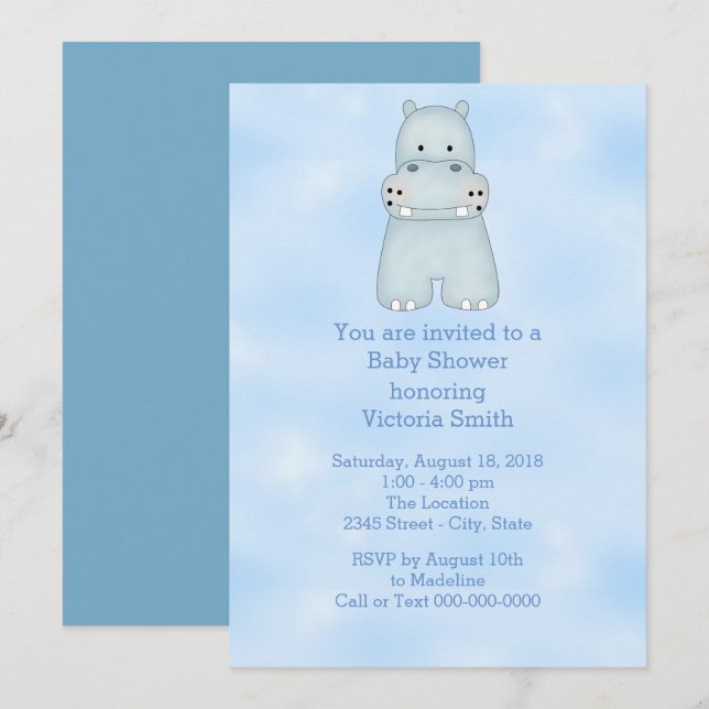 Invitation Baby shower bébé garçon bleu Hippo (Devant / Derrière)