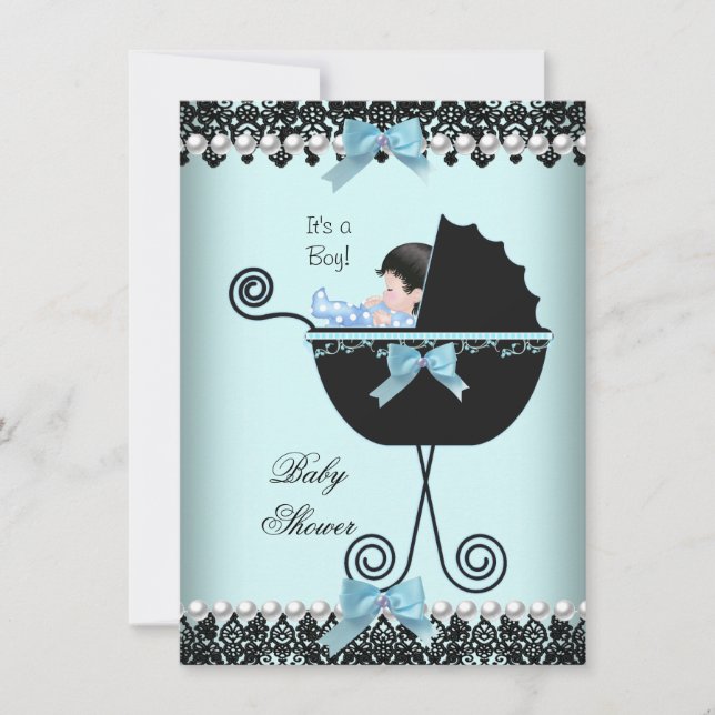 Invitation Baby shower Bébé Garçon Bleu Turquoise Black Lace  (Devant)
