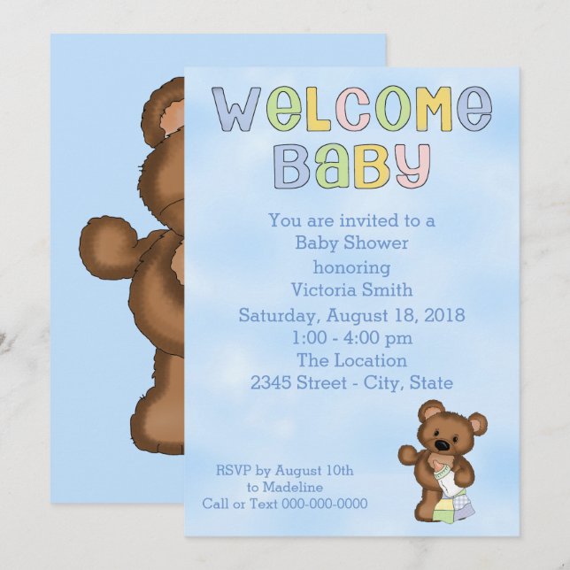 Invitation Baby shower bébé garçon Teddy ours (Devant / Derrière)