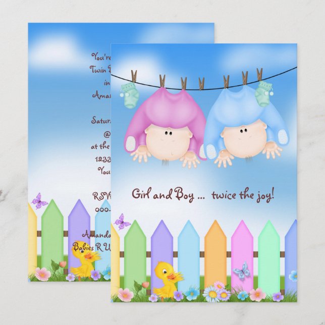 Invitation Baby shower-bébé jumeaux sur fil de linge (Devant / Derrière)