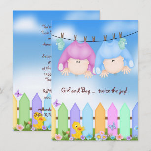 Invitation Baby shower-bébé jumeaux sur fil de linge