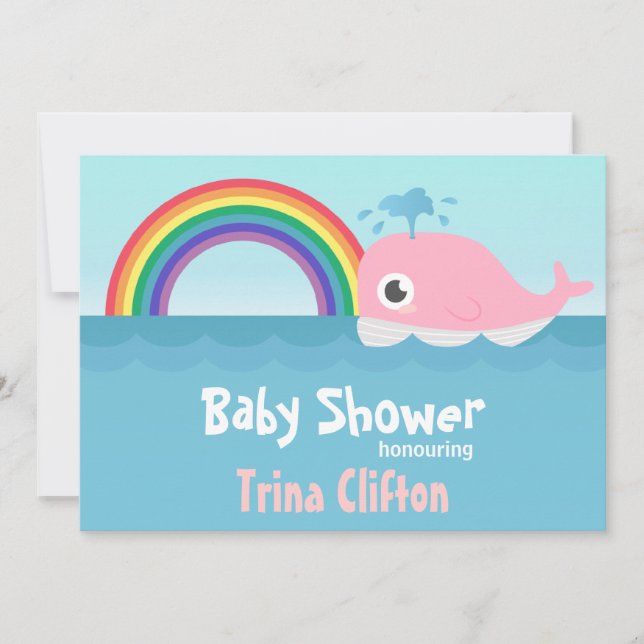 Invitation Baby shower - Bébé mignon baleine rose avec arc-en (Devant)