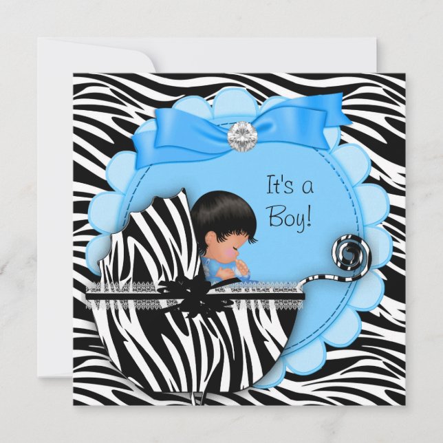 Invitation Baby shower Bébé mignon Garçon bleu Zèbre Pram (Devant)