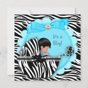 Invitation Baby shower Bébé mignon Garçon bleu Zèbre Pram