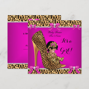 Invitation Baby shower bébé mignonne fille Leopard Hot rose C