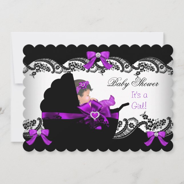 Invitation Baby shower Bébé mignonne fille pourpre rose dente (Devant)