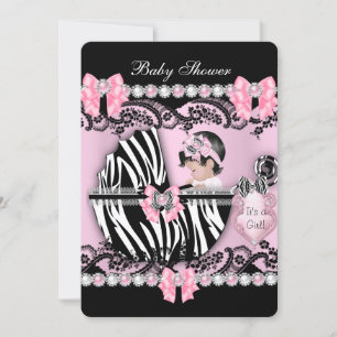 Invitation Baby shower Bébé mignonne fille rose perles Zebra