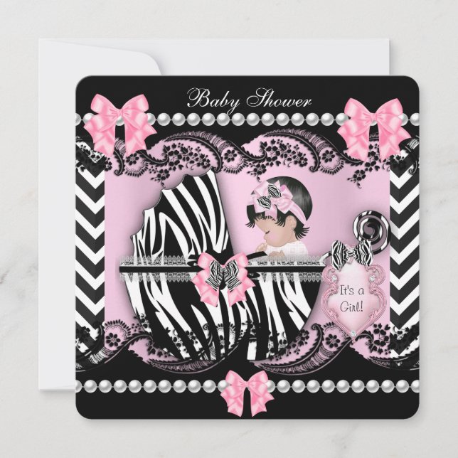 Invitation Baby shower Bébé mignonne Fille rose Zèbre Dentell (Devant)
