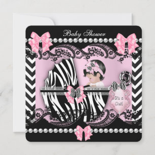 Invitation Baby shower Bébé mignonne Fille rose Zèbre Dentell