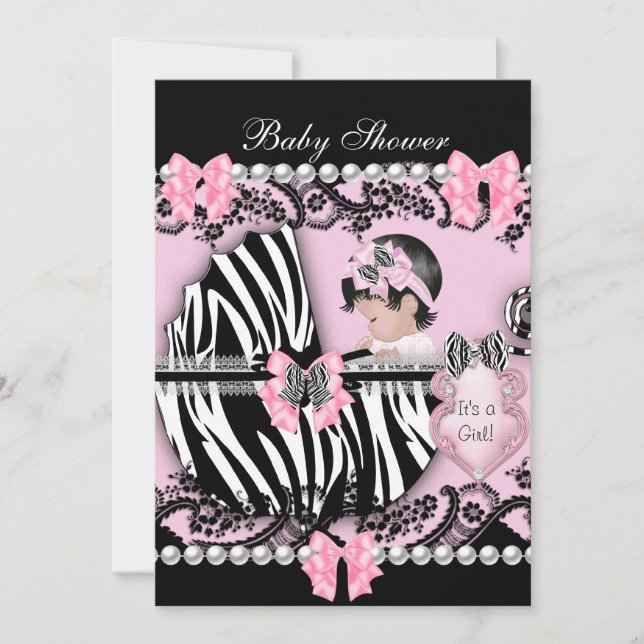 Invitation Baby shower Bébé mignonne fille rose Zèbre dentell (Devant)