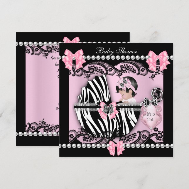 Invitation Baby shower Bébé mignonne Fille rose Zèbre dentell (Devant / Derrière)