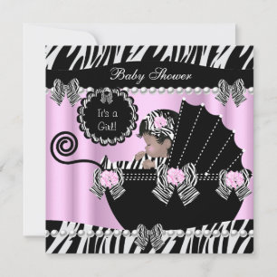 Invitation Baby shower Bébé mignonne Fille rose Zèbre Pram