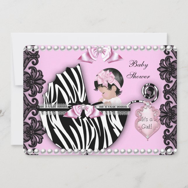 Invitation Baby shower Bébé mignonne Fille rose Zèbre Pram 2 (Devant)