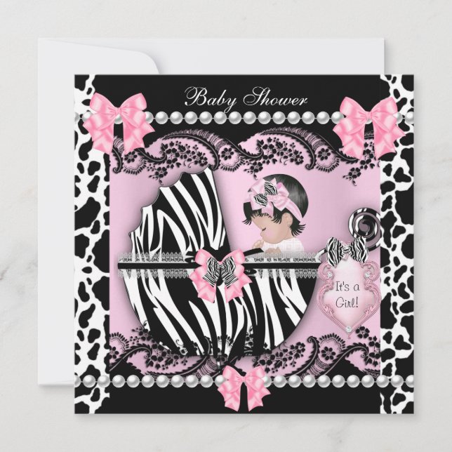 Invitation Baby shower Bébé mignonne Fille rose Zèbre Vache d (Devant)