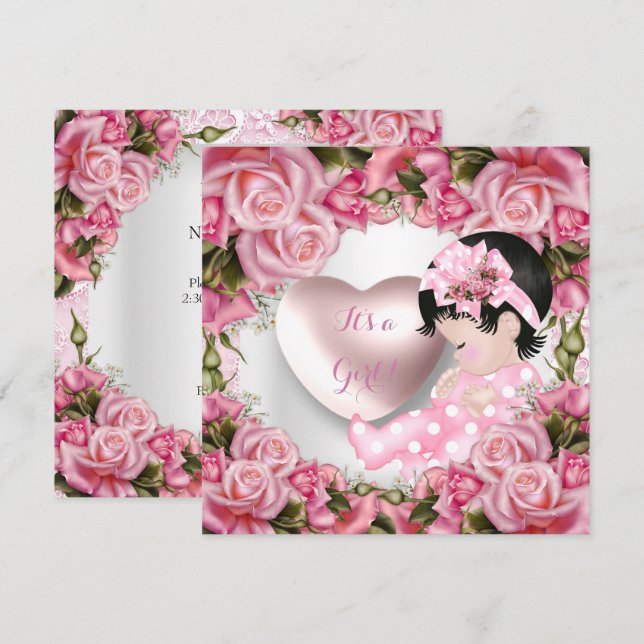 Invitation Baby shower Bébé mignonne Fille Roses roses roses  (Devant / Derrière)