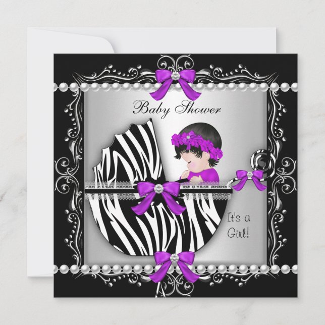 Invitation Baby shower bébé mignonne fille Zebra Pram Argent (Devant)
