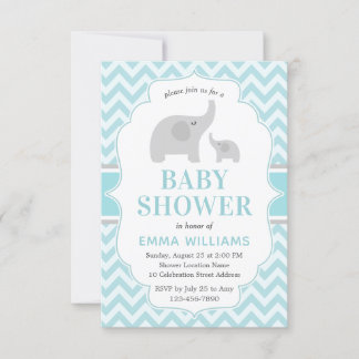 Invitation Baby shower bébé moderne bleu gris éléphant