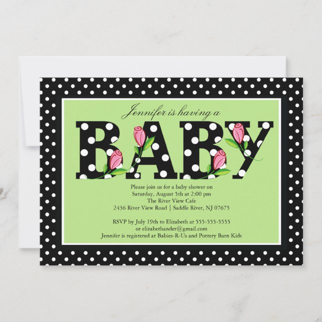Invitation Baby shower "bébé" Polka vert noir (Devant)