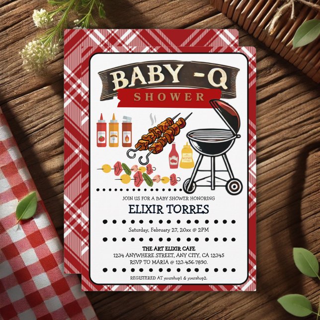 Invitation Baby shower bébé-Q À damiers Red & Black Grill (Créateur téléchargé)