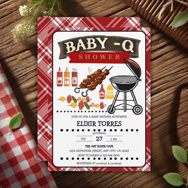 Invitation Baby shower bébé-Q À damiers Red & Black Grill (Créateur téléchargé)