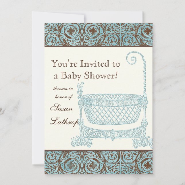 Invitation baby shower - Berceau Brown bleu (Devant)