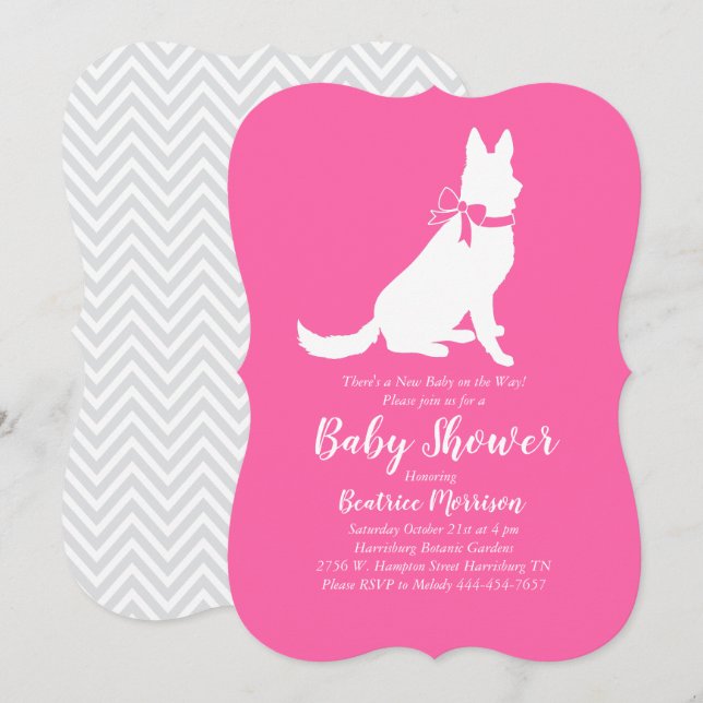 Invitation Baby shower berger allemand chien français rose fi (Devant / Derrière)