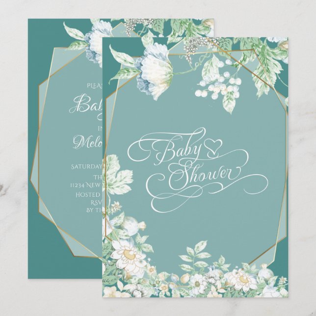 Invitation Baby shower | Berries Fleurs sauvages turquoises g (Devant / Derrière)