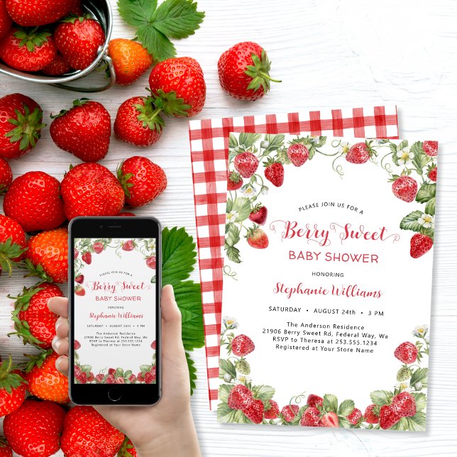 Invitation Baby shower Berry Sweet Strawberry (Berry Sweet Strawberry Baby Shower Invitation)